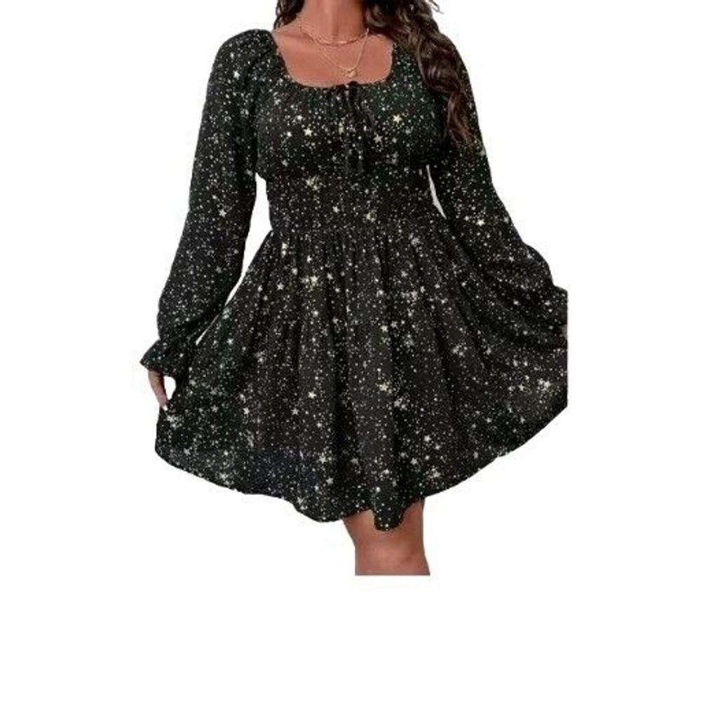 Elegant Space Celestial Galaxy Witch Print Square Neck A Line Long Sleeve Black